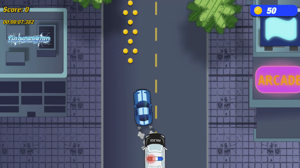 blue car being chased by police car
