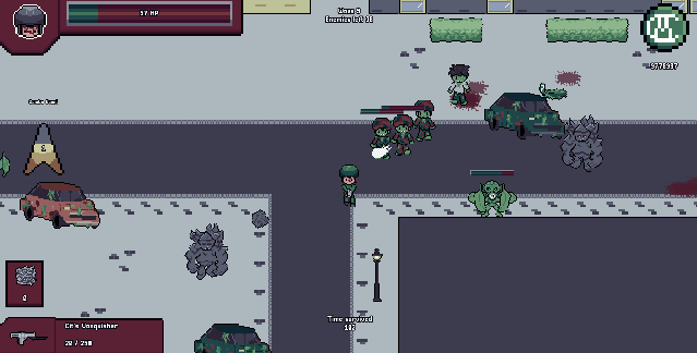 Character fighting zombies in city