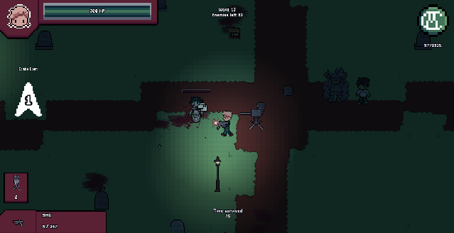 Character fighting zombies in graveyard